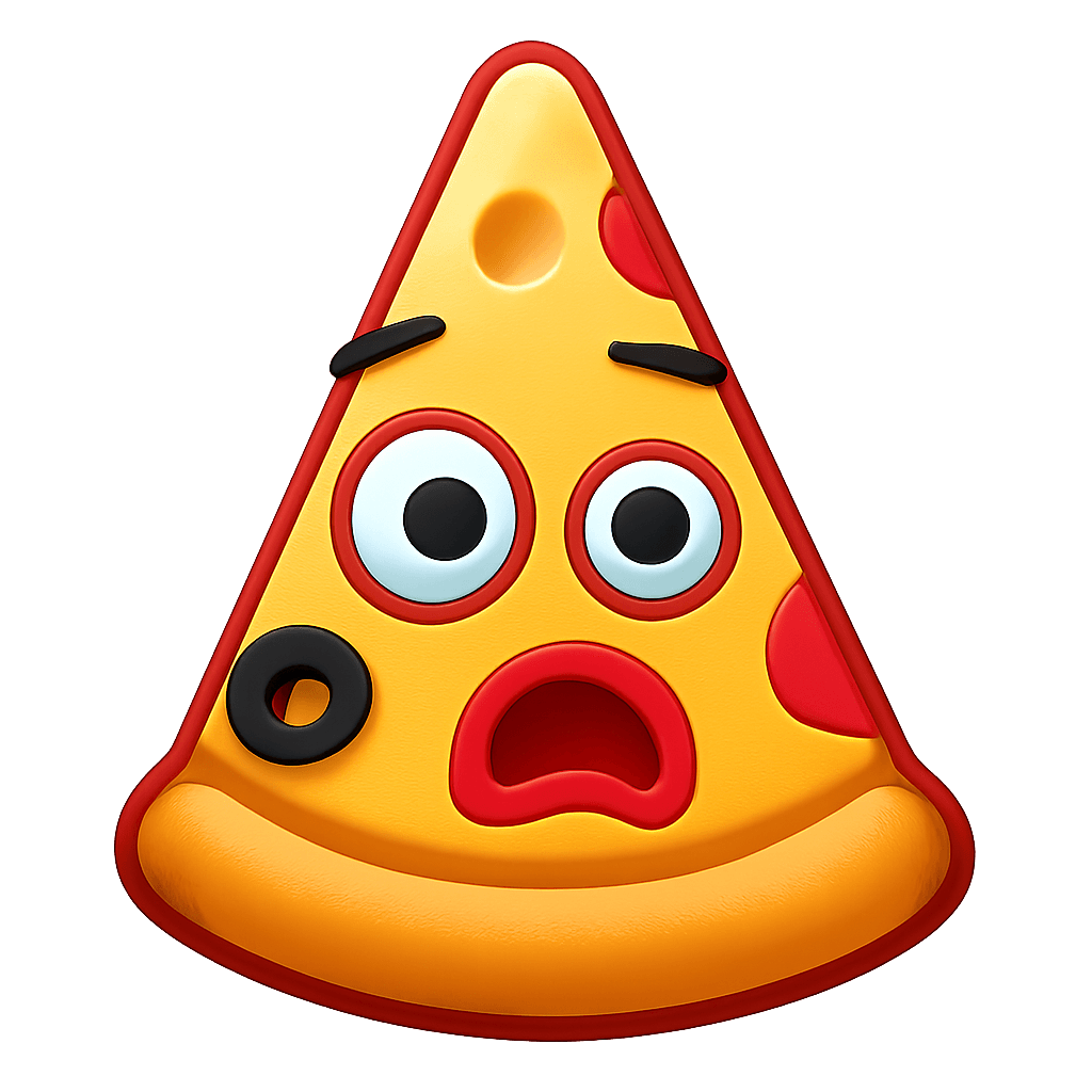 Un trancio di pizza che è stupito, con la punta verso l'alto, due olive per gli occhi e un cerchio di peperone per la bocca. Gli occhi sono disallineati e la bocca un po' storta, l'espressione della faccia è tipo stranita
